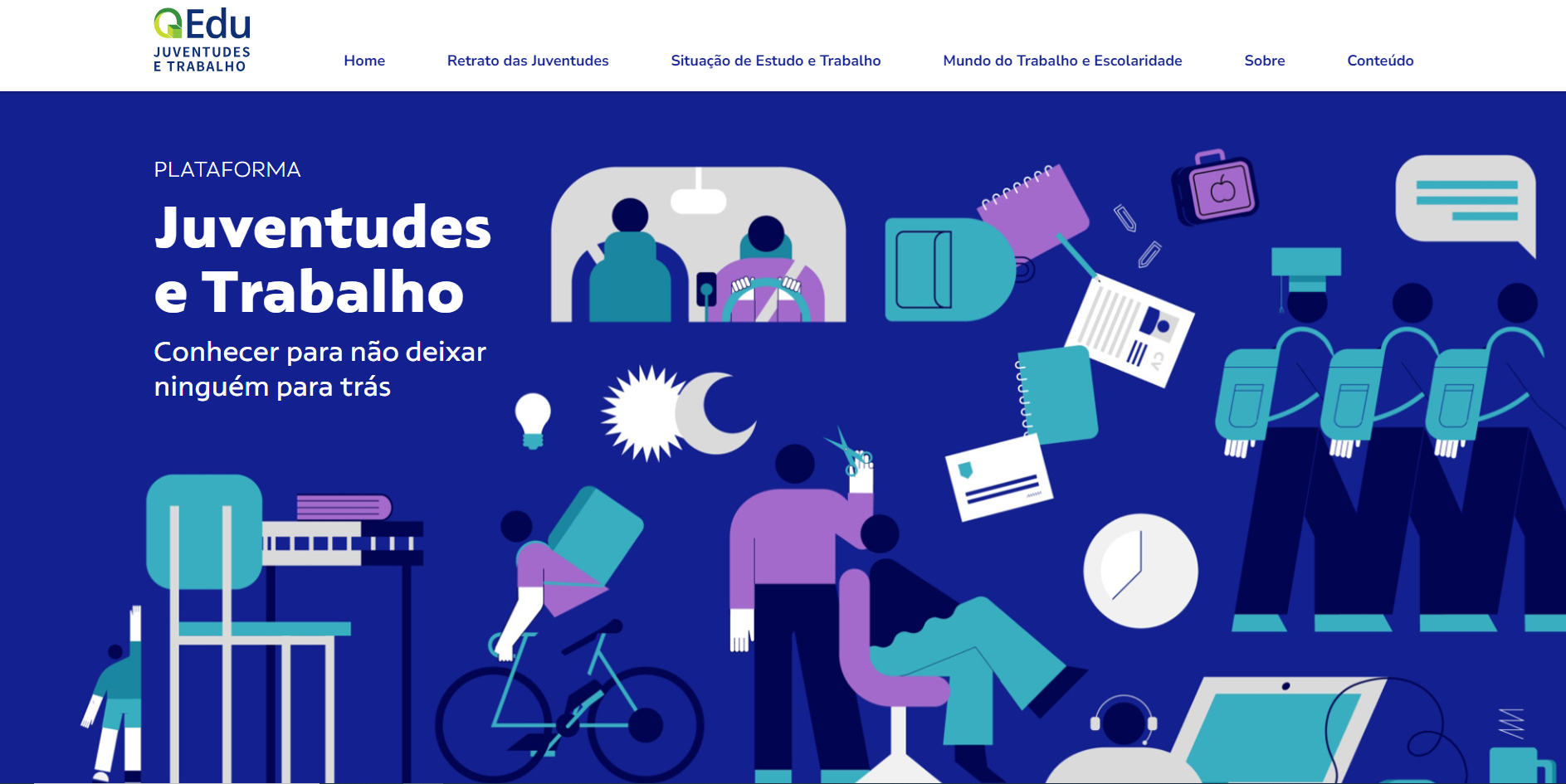 Fundo azul com grafismos e o texto "Plataforma Juventudes e Trabalho".