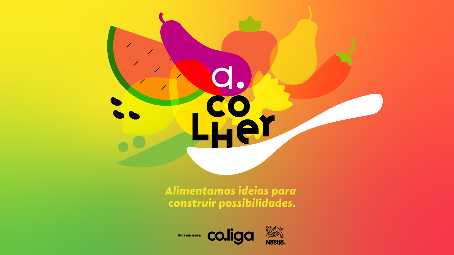Fundo colorido e a logomarca do projeto a.colher em preto
