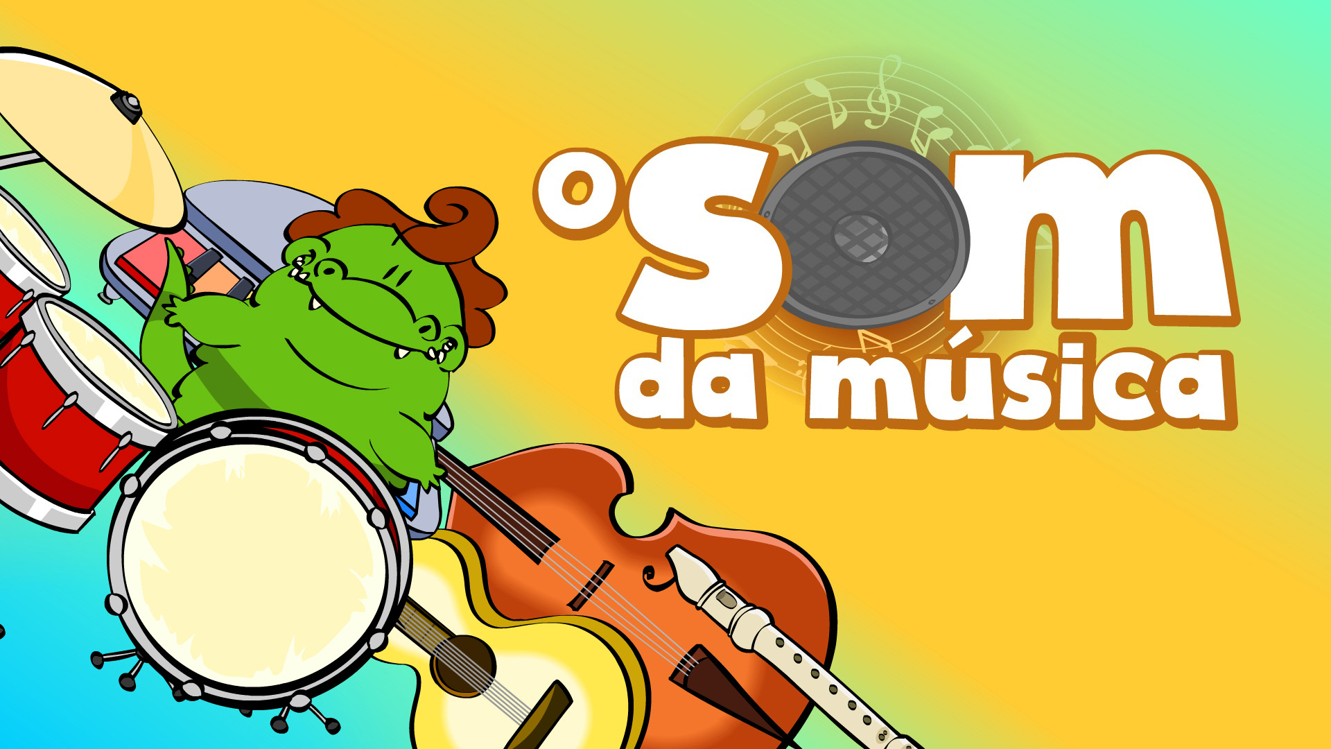 Desenho em que um sapo está sorrindo, rodeado de instrumentos.