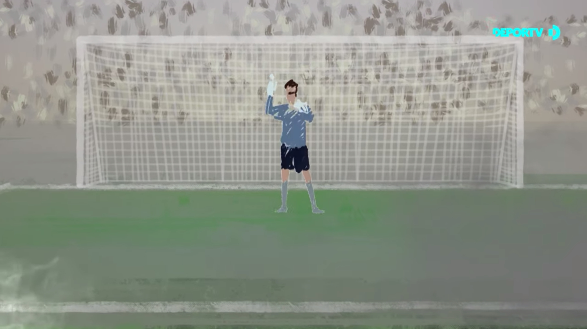 Um desenho de uma cena como se tivesse o ponto de vista de um jogador de futebol que vai bater um pênalti.