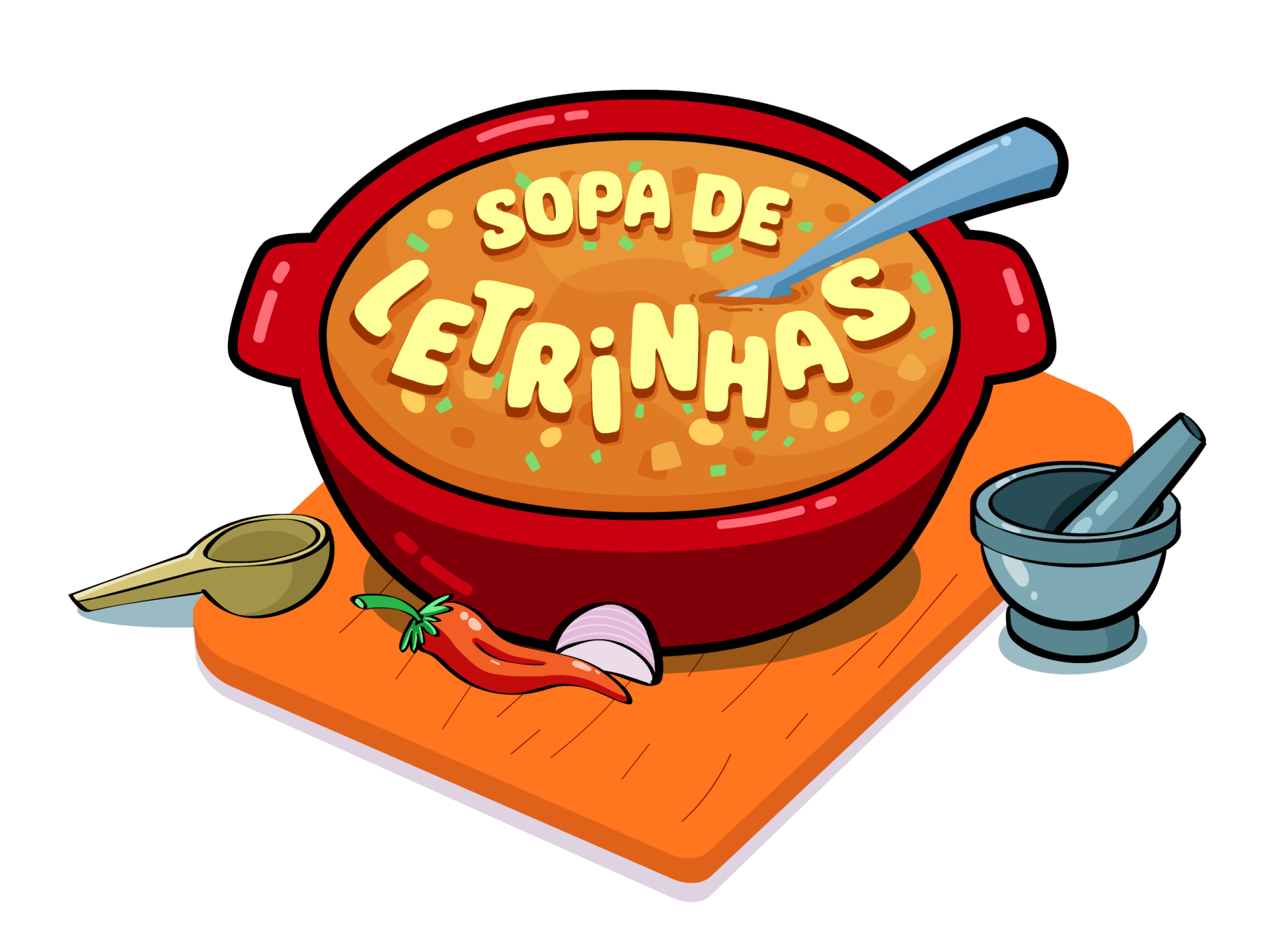 Desenho de uma panela de barro com o texto "Sopa de Letrinhas" dentro dela.