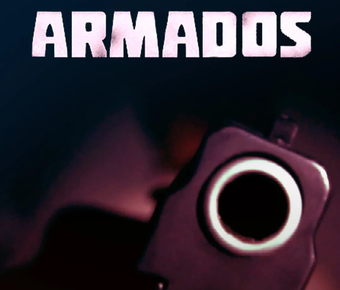 Palavra "Armados" sobre um fundo escuro em que uma arma de fogo está apontada pra quem a fotografou.