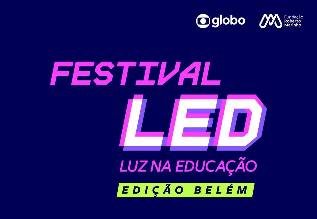 Fundo azul marinho, com texto em rosa: Festival LED - Luz na Educação - Edição Belém