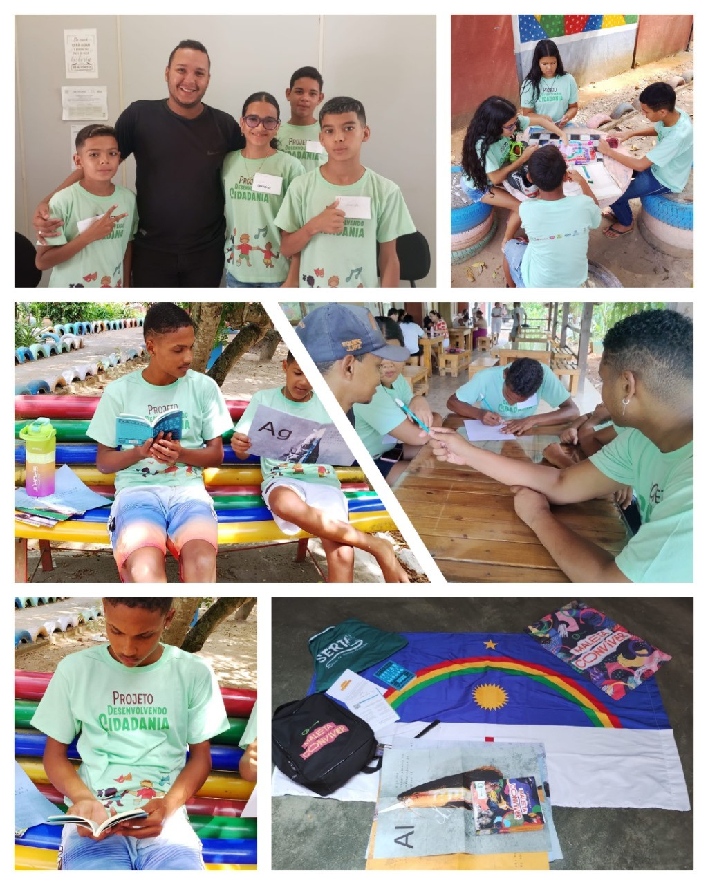 A imagem mostra crianças e educadores em atividades do projeto Maleta Conviver