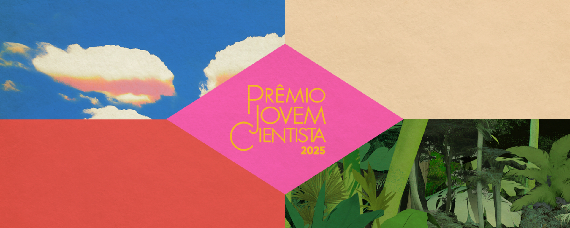 Imagem colorida em referência à bandeira brasileira, escrito Prêmio Jovem Cientista 2025 no centro