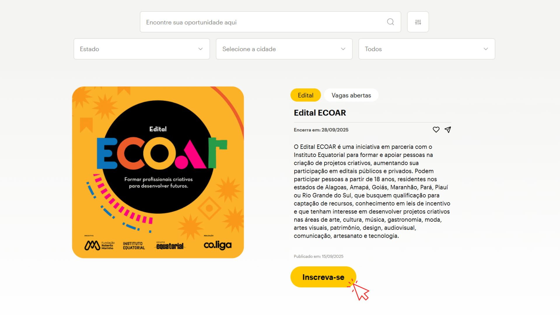 Página da seção de oportunidades da co.liga exibindo o card do Edital ECOAR. À esquerda, imagem laranja com o logotipo colorido ECOAR e os nomes dos realizadores. À direita, aparece o texto de apresentação do edital, informando que é voltado a pessoas residentes em estados específicos. Abaixo do texto, botão amarelo escrito “Inscreva-se”.