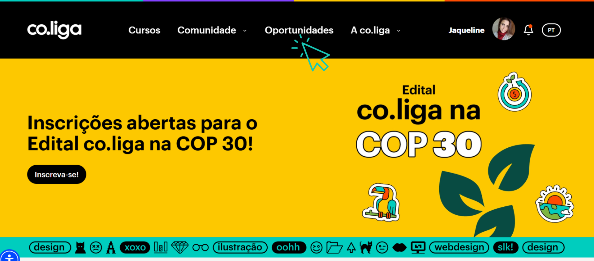 retorno à página inicial após o login, mostrando o menu superior com o nome e a foto da pessoa logada, e novamente o banner do edital em destaque.