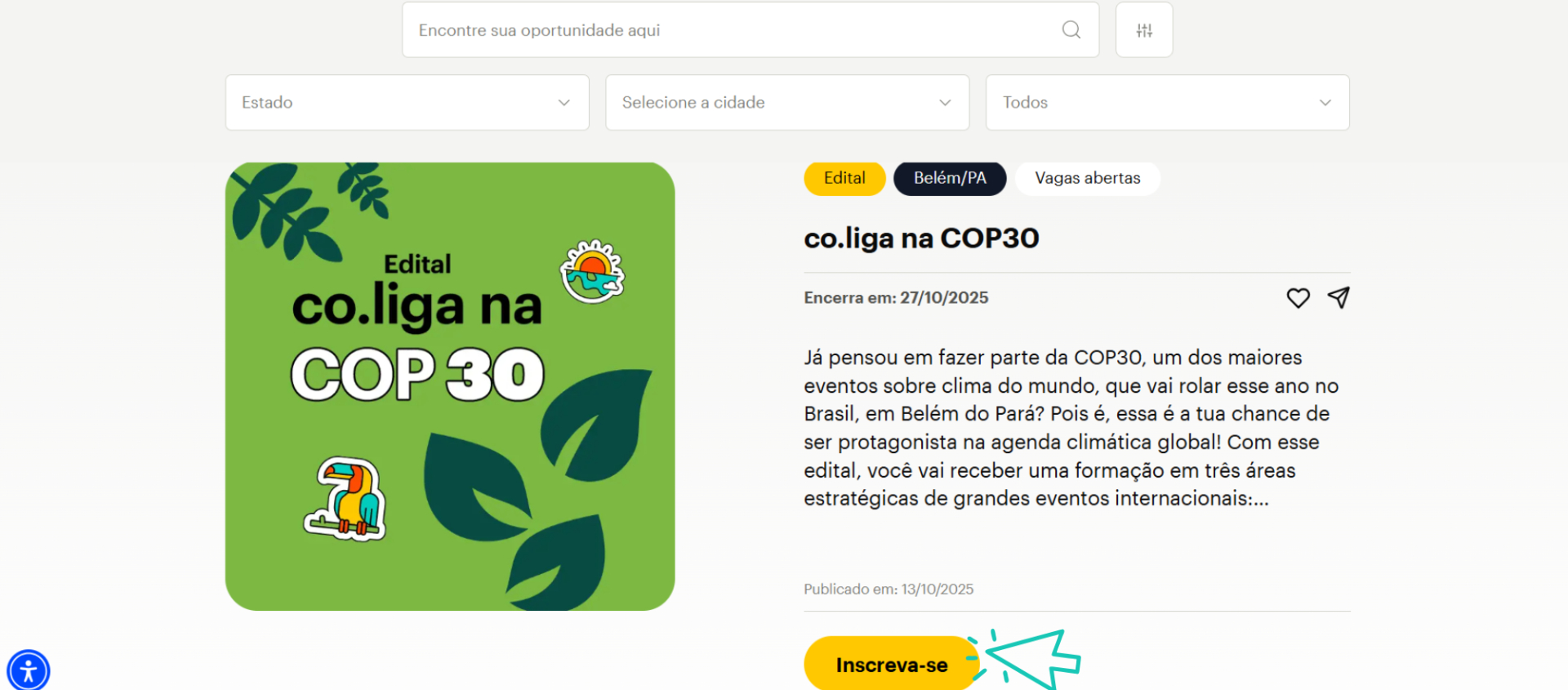 tela da oportunidade “co.liga na COP30”, com descrição do edital, prazos e botão amarelo “Inscreva-se”. O texto explica que a iniciativa oferece formação e protagonismo a jovens na agenda climática global.