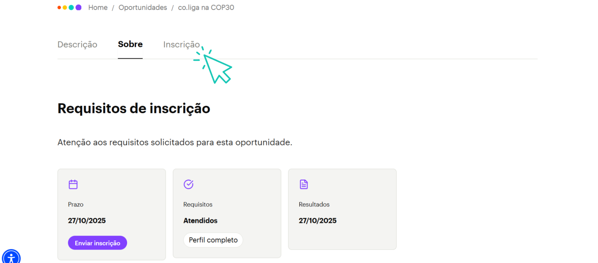 página da aba “Inscrição”, com os requisitos para participar. São destacados o prazo final (27/10/2025), a necessidade de perfil completo na plataforma e a data de divulgação dos resultados.