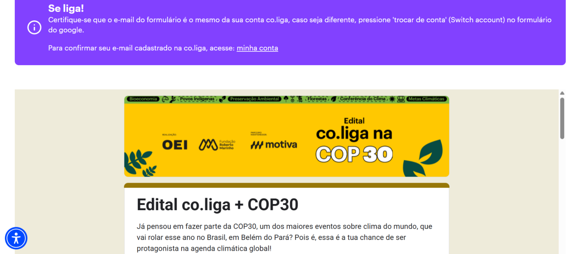 Banner do edital co.liga na COP 30 com um formulário a ser preenchido.