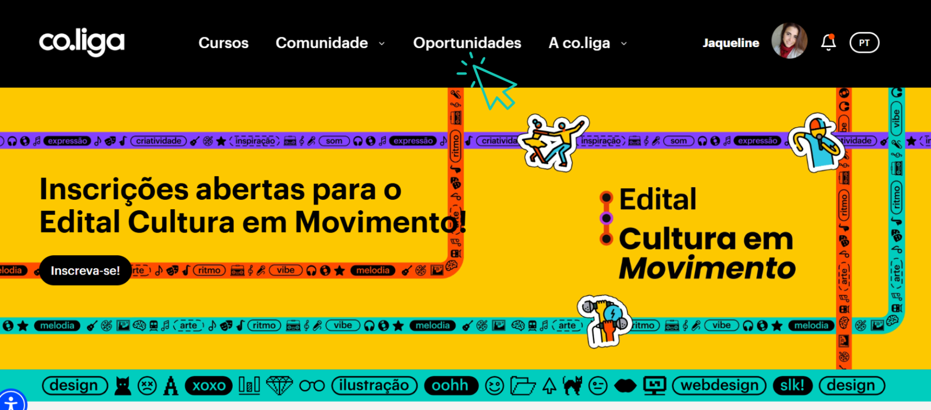 De volta à página inicial da co.liga após o login. A barra superior agora mostra a foto e o nome da pessoa logada. O destaque continua sendo o anúncio “Inscrições abertas para o Edital Cultura em Movimento!”, com o botão “Inscreva-se!” e vários elementos gráficos coloridos decorando o fundo.