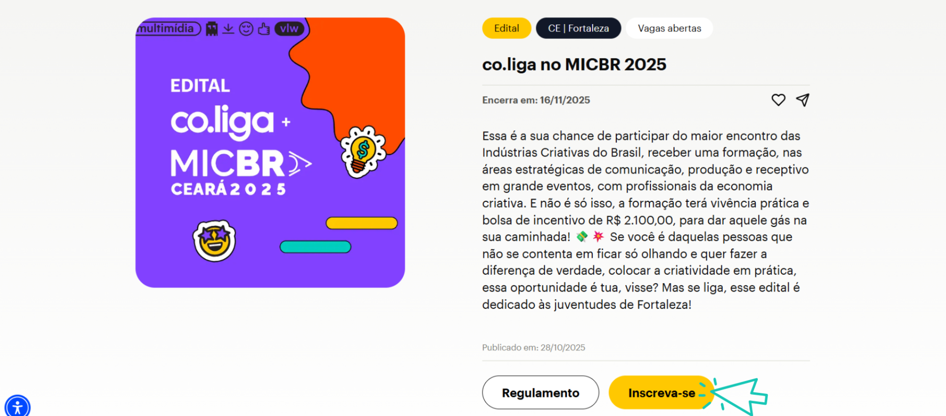 Página do edital co.liga no MICBR 2025 com informações sobre a oportunidade. O texto apresenta detalhes sobre a formação nas áreas de comunicação, produção e receptivo, além de mencionar bolsa de incentivo. Na parte inferior, é possível ver os botões “Regulamento” e “Inscreva-se”.