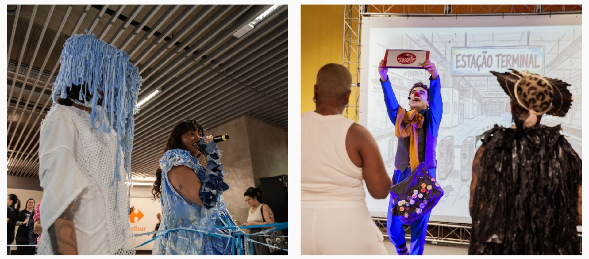 As imagens mostram apresentações artísticas em espaço público, com performers usando figurinos criativos e interagindo com o público. Em uma cena, uma artista canta ao microfone; em outra, um performer teatral exibe um objeto diante de espectadores, em um ambiente que remete a uma estação de transporte.