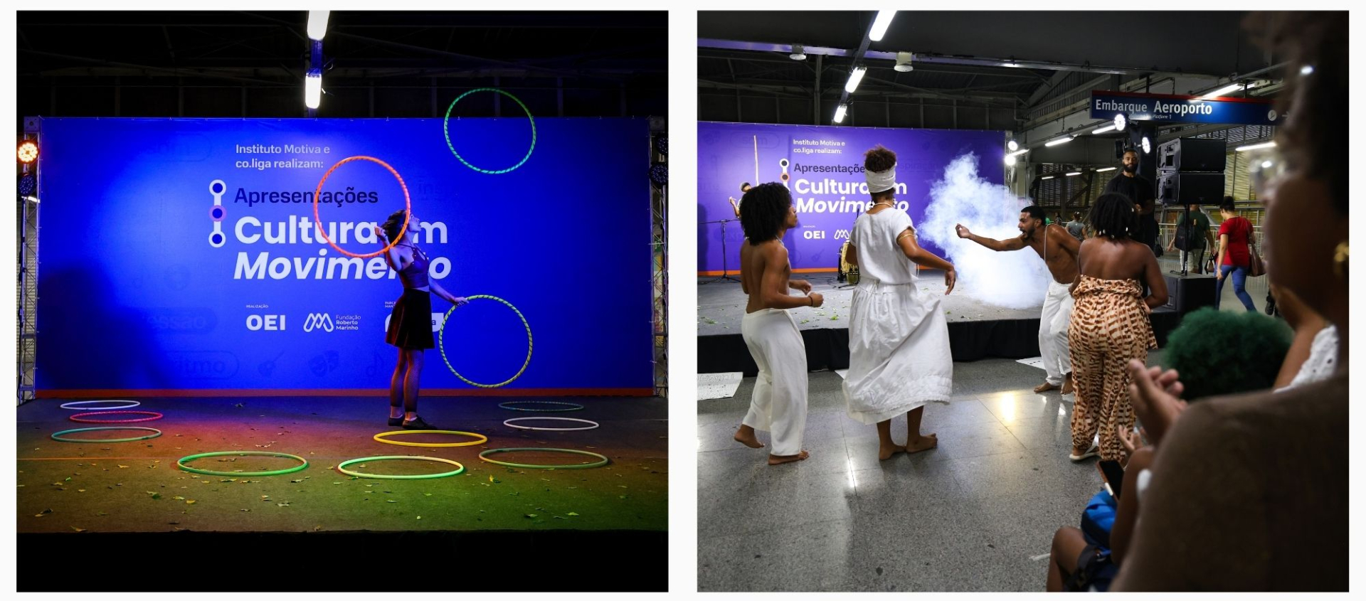 Uma artista manipula bambolês iluminados diante de um painel azul com a identidade visual do evento, criando um efeito visual dinâmico e colorido. Os círculos no ar e no chão reforçam a ideia de movimento e leveza.  Na segunda imagem, um grupo de performers realiza uma apresentação de dança com elementos de cultura afro-brasileira. Os corpos em movimento, a presença de fumaça cênica e a participação do público ao redor criam uma atmosfera envolvente e coletiva.