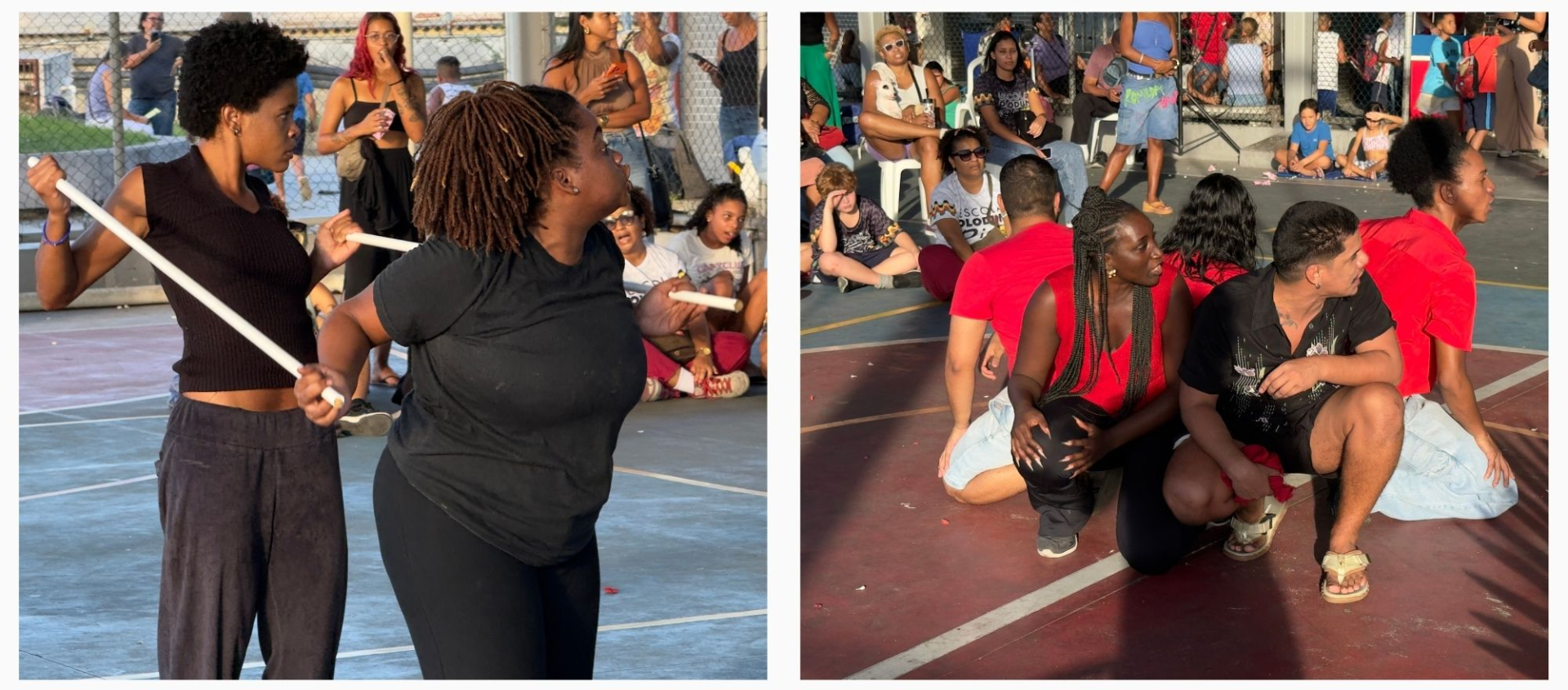 As imagens mostram momentos de uma apresentação coletiva de dança e expressão corporal em espaço aberto, com forte interação entre performers e público. Na primeira cena, duas artistas executam movimentos sincronizados utilizando bastões. Na segunda imagem, um grupo maior de performers aparece agachado, organizado em formação, com olhares direcionados para o mesmo ponto.