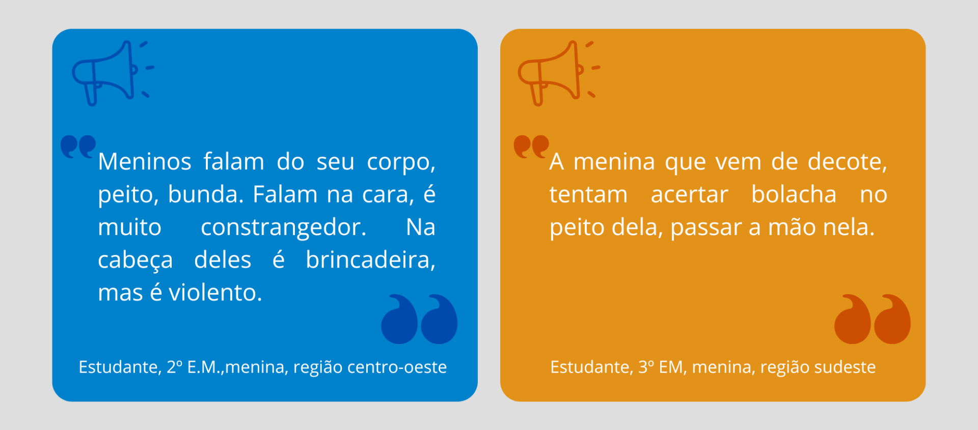 Imagem com duas caixas coloridas, uma azul e outra laranja. Dentro de cada uma, uma frase está em destaque entre aspas.