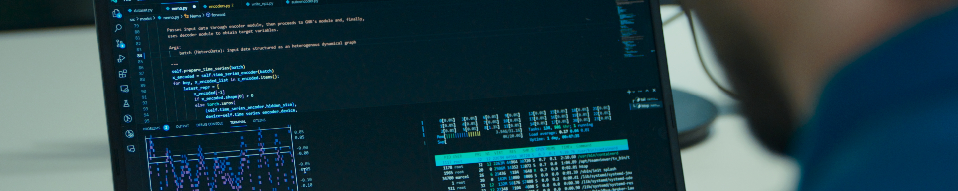Um pesquisador de inteligência artificial mexendo em um computador