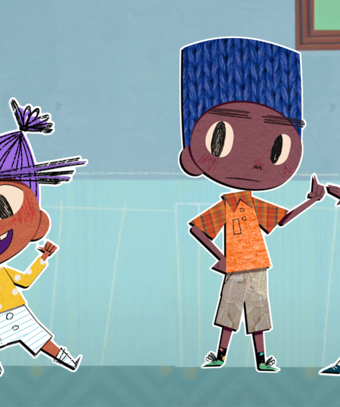 Imagem ilustrativa com 2 crianças negras de aproximadamente 7 anos, uma criança morena de 5 anos e um bebê de cor parda, brincando e posado pra foto na sala de casa.