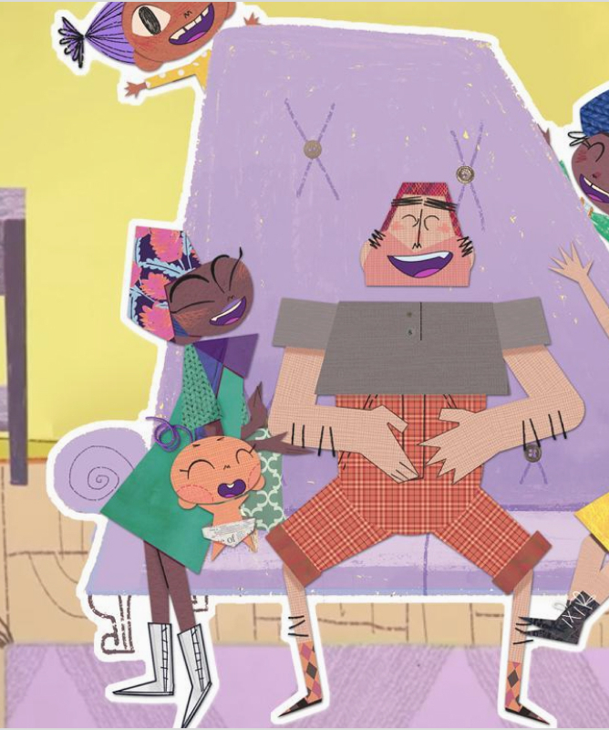 Imagem ilustrativas de 4 crianças, um bebê e três adultos sorrindo sentados no sofá de casa