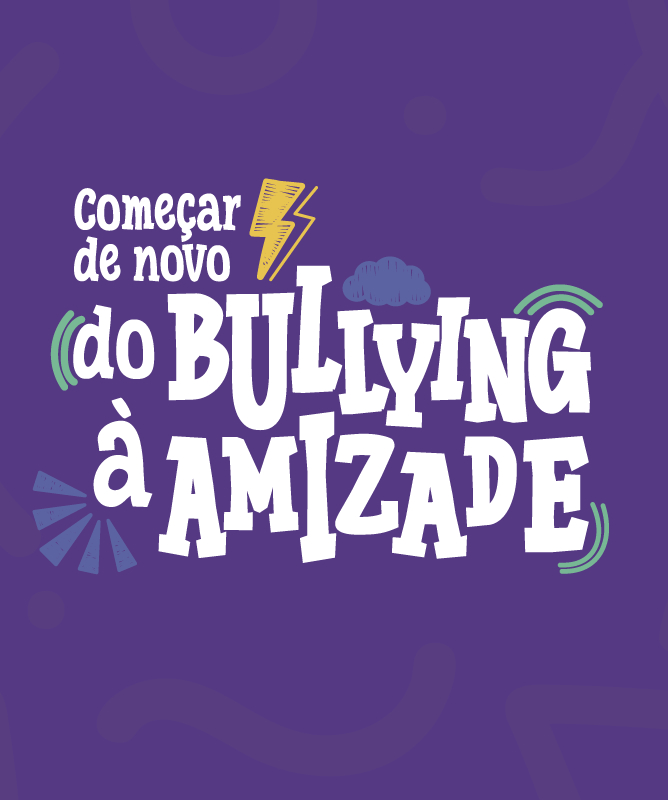 Imagem com fundo roxo e, no canto direito, o texto “Começar de novo: do bullying à amizade” em letras brancas e maiúsculas, com alguns elementos gráficos coloridos, como um raio amarelo, uma nuvem cinza, linhas verdes e azuis em formato de som e pequenos traços decorativos.