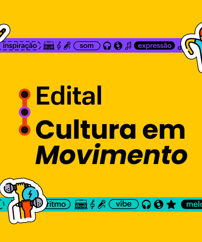 Imagem colorida com fundo amarelo vibrante. Linhas sinuosas nas cores roxa, laranja e azul-turquesa cruzam o espaço como se fossem rotas de metrô, decoradas com pequenos ícones de música, arte, teatro e tecnologia, além de palavras como “ritmo”, “vibe”, “melodia”, “criatividade” e “inspiração”. Três ilustrações em estilo adesivo mostram figuras dançando, cantando e levantando um haltere estilizado. À direita, em letras pretas, está o texto: “Edital Cultura em Movimento”