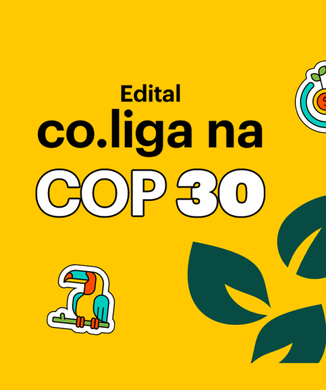 A imagem tem fundo amarelo vibrante e traz, no lado direito, o texto em destaque: “Edital co.liga na COP 30”. A palavra “co.liga” está em preto e “COP 30” em branco, com letras grandes e em negrito. Abaixo do texto, há um ícone de folhas verdes, simbolizando sustentabilidade.