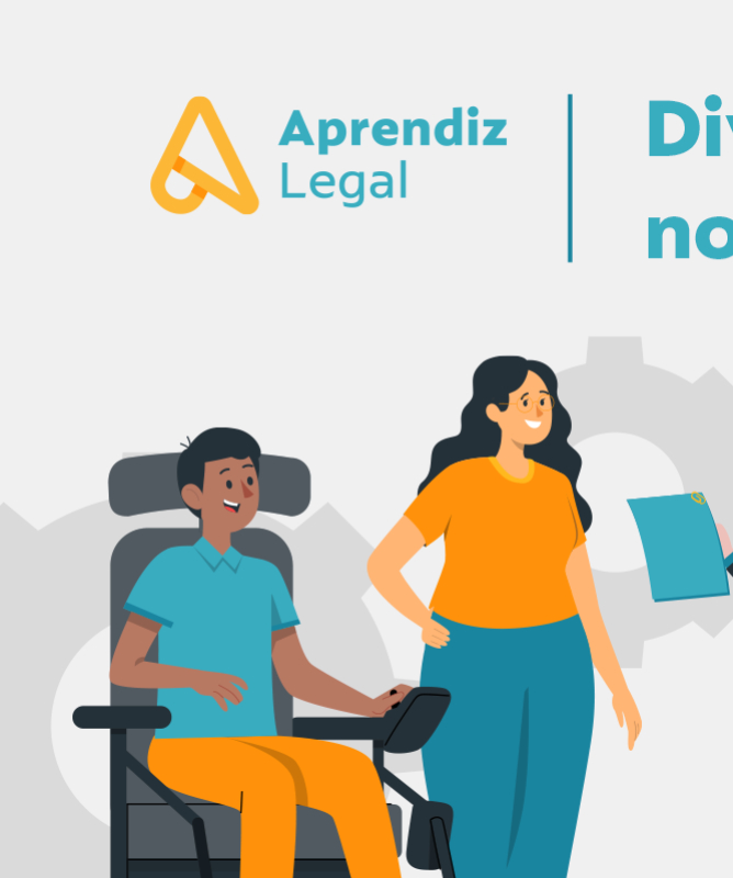 A imagem é um banner institucional ilustrado com o título “Diversidade e Inclusão no Mundo do Trabalho”, assinado pela marca Aprendiz Legal, cujo logotipo aparece no canto superior esquerdo.  No centro da composição, há ilustrações de pessoas diversas — em termos de gênero, raça, corpo e deficiência — representadas em um ambiente profissional colaborativo.