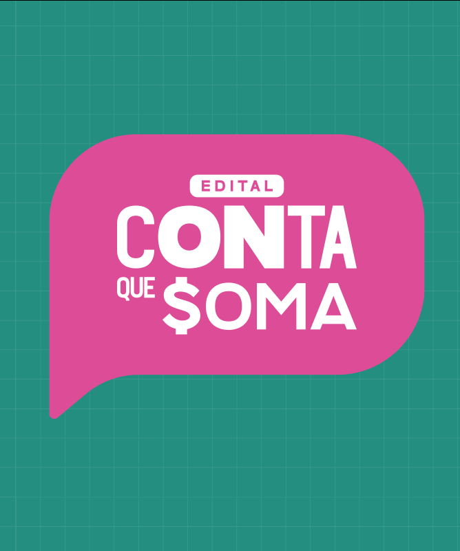Banner retangular na horizontal com fundo verde-azulado e um padrão sutil de grade quadriculada.  Do lado direito, há um balão de fala rosa-choque com bordas arredondadas e ponta voltada para a esquerda. Dentro do balão, em letras brancas e maiúsculas, destaca-se o texto:  No topo, em uma caixa branca com letras menores: EDITAL  No centro, em letras grandes e em negrito: CONTA  Abaixo, à esquerda, em letras menores: QUE  Na base, em destaque com o símbolo do cifrão substituindo a letra "S": $OMA.