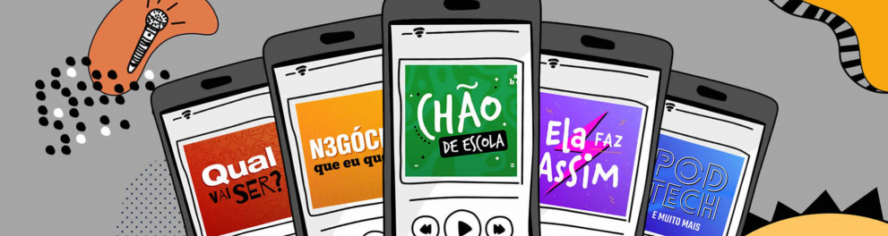 ilustração de celulares exibindo as capas dos Podcasts Futura