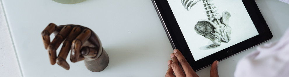 menino manuseando um tablet que mostra parte do esqueleto humano sobre uma mesa branca onde também estão um protótipo de uma mão, de um coração e um objeto de vidro