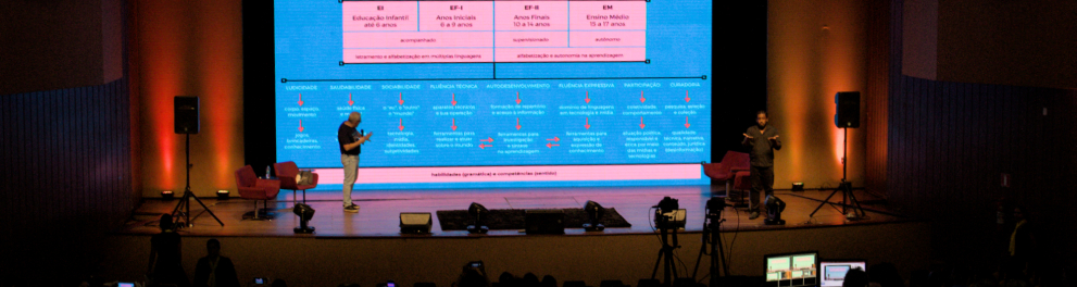 Um palco conta com um homem em pé, à esquerda. Ao fundo, um telão tem imagem azul projetada, com outros elementos retangulares em rosa.