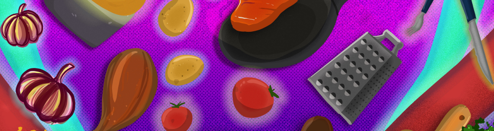 a imagem mostra alimentos e aluns utensílios de cozinha