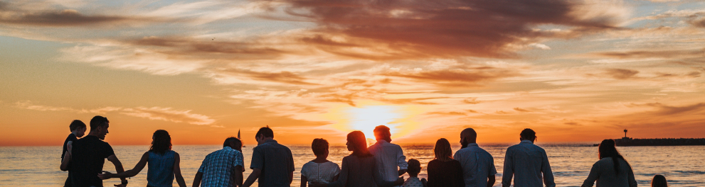 Imagem de uma família toda de costas, composta por 15 pessoas de mãos dadas. Elas estão em frente ao mar pisando na areia e o sol está se pondo ao fundo