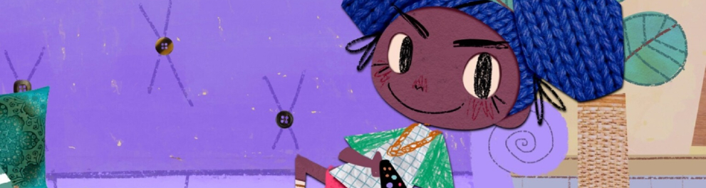 Imagem no formato de animação de uma menina negra deitada no sofá com o controle da TV na mão direita