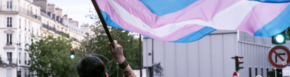 Grupo de jovens está na rua protestando pelos direitos da pessoa transgênera. A bandeira do orgulho trânsgenero está em primeiro plano na imagem
