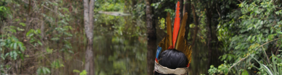 Imagem de uma índia de costas trajando uma saia com arte indígena e um cocar. Ela está em uma floresta olhando uma canoa de madeira boiando em um pequeno lago