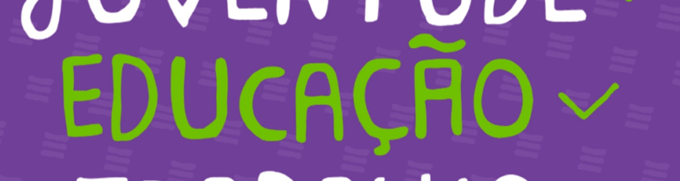 As palavras "juventude", "educação" e "trabalho" estão escritas em um fundo lilás na cor branca, exceto a palavra "educação", que está em verde