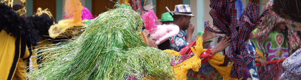 Homem desfila com fantasia colorida de manifestação cultural regional.