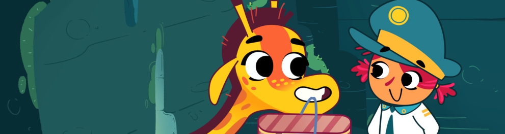 A imagem mostra uma criança e uma girafa em uma caverna