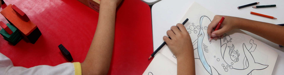 Dois alunos com blocos de madeiras, lápis de cor e papeis para desenhar
