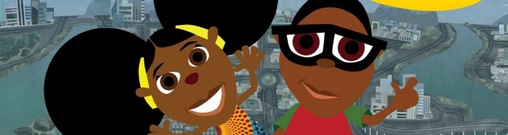 Imagem no formato de animação de duas crianças negras sorrindo e a logomarca do desenho Bino & Fino