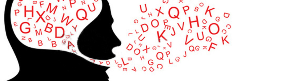 Uma desenho de uma silhueta uma cabeça humana masculina que está cuspindo letras do alfabeto. Essas letras estão reunidas no cérebro da silhueta humana e estão sendo passadas para a boca até saírem