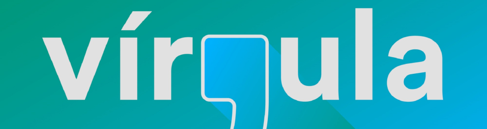 A palavra "vírgula" está escrita na cor branca em um fundo azul claro e a letra "g" está num formato de uma vírgula