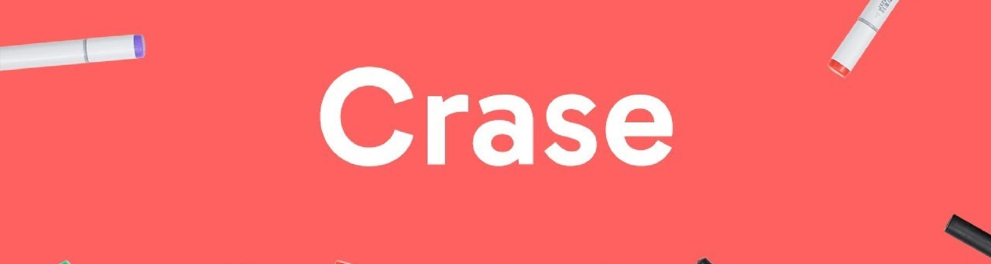 Arte com a palavra "crase" escrita em branco sobre um fundo cor de rosa. Nas bordas há várias canetas