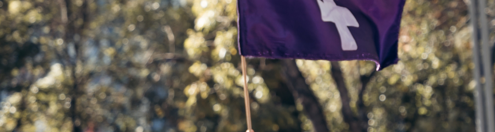 Uma mulher branca está em uma manifestação na rua levantando uma bandeira roxa com o símbolo feminino ao redor de um punho fechado