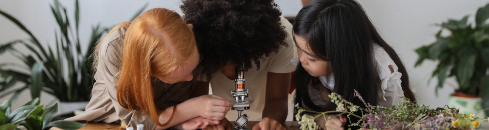 Três meninas usam em um espécie de microscópio