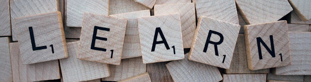 peças de madeira com letras do alfabeto formando a palavra "LEARN"