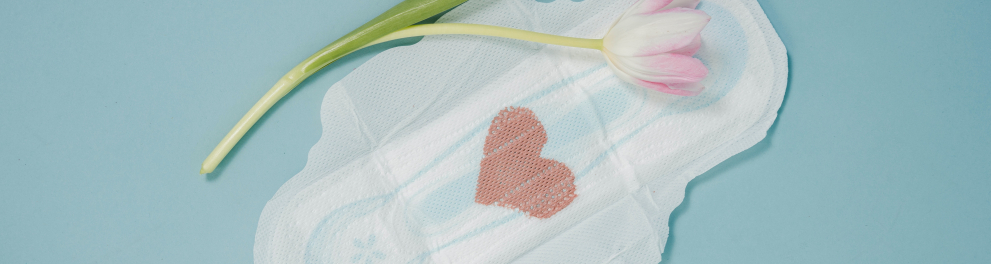 Um absorvente branco e aberto sobre uma superfície azul clara, com uma rosa em cima do absorvente e um coração vermelho no centro do objeto feminino