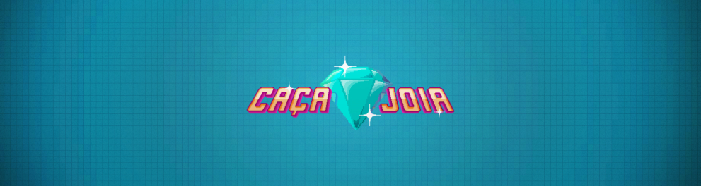 Fundo azul com logotipo do podcast Caça Joia em tons de rosa.