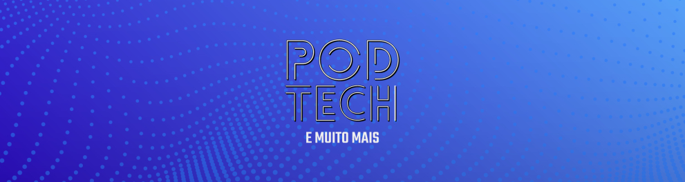 Fundo azul e logotipo do podcast PodTech.